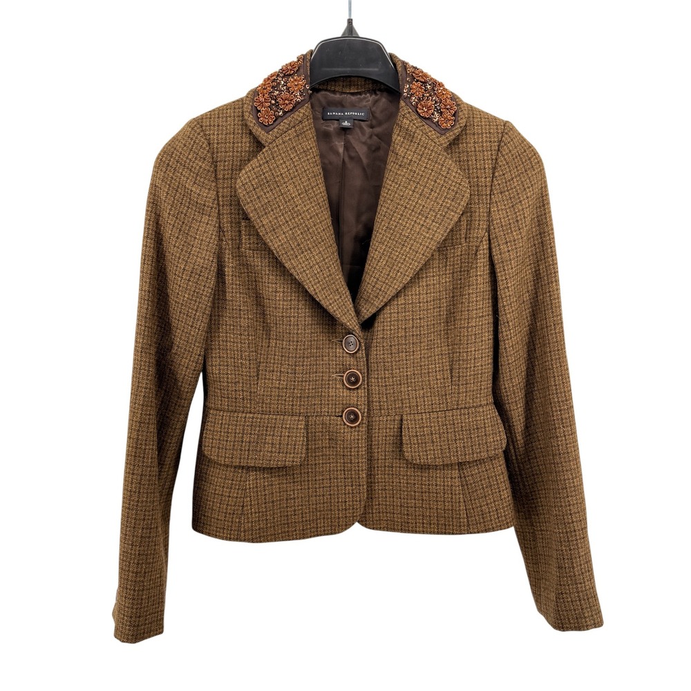 Banana Republic Blazer Womens 8 Pre-Owned Jacket Brown Wool Alpaca Beaded Tweed